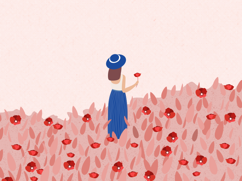 Illustration | Woman in a poppies field 🌺 hat dress flower poppy summer lady woman vector minimal illustration sketchapp julie charrier