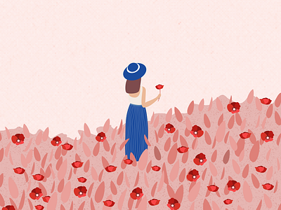 Illustration | Woman in a poppies field 🌺 dress flower hat illustration julie charrier lady minimal poppy sketchapp summer vector woman