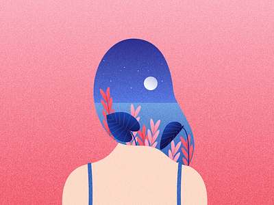 Illustration | Woman of the lake 🏞 blue flat girl illustration julie charrier lake minimal night pink poectic sketchapp