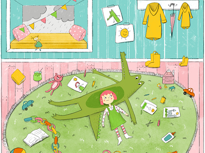 A girl and her gator bored on a rainy day childrens book illustration