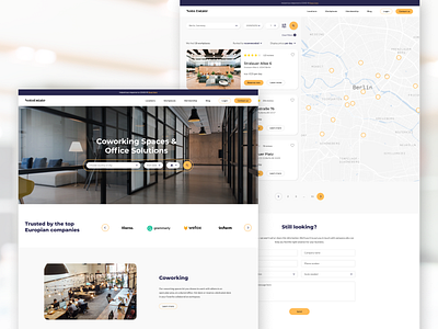 Office Space and Workspace Solutions co working space coworking desktop filters homepage listing page map meeting room office real estate rent ui workspace