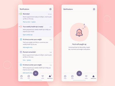Mobile App - Notifications app clear contacts design empty state figma health icon medical notifications pregnancy sleepy track ux