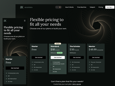 Akadimia Pricing Page - Dark Mode dark mode design figma history museum plans pricing ui ux