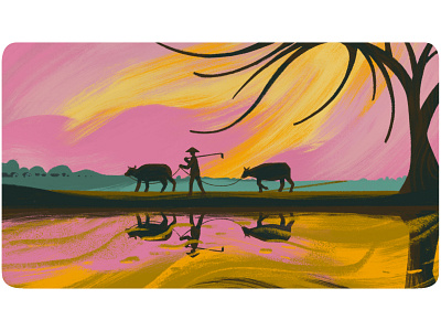 The pace in the country side animal cattle colorful countryside cow editorial farm farmer illustration lake landscape nature pasture people reflection river sunset walking