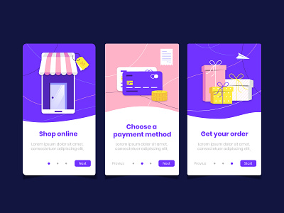 Purchase online onboarding app screens II card colorful credit flat gift online payment present purchase shop store template