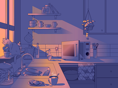 Lo-fi Kitchen cat gradient illustration kitchen lo fi microwave vector