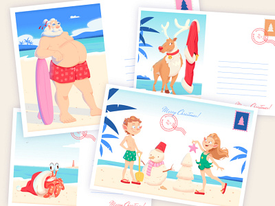 Christmas Cards beach cards christmas elves holidays illustration rudolph santa vector