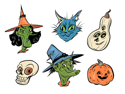 Halloween Characters flat halloween illustration jack o lantern pumpkin skull vector witch