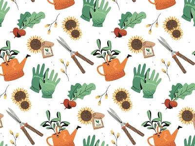 Gardening Pattern flat gardening gloves illustration nature pattern plants scissors seeds sunflower texture vector water can