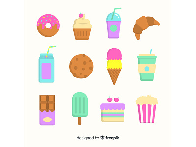 Sweet Snack Collection cake candy chocolate cookie croissant cupcake donut flat ice cream popcorn snack sweet vector