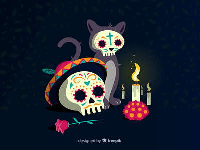 Día de Muertos II candle cat culture dead death día de muertos flat floral flower hat holiday mexican mexico rose skeleton skull tradition vector