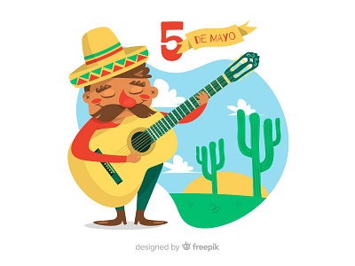 Cinco de Mayo cactus celebration character cinco de mayo culture desert festive festivity fifth flat guitar hat holiday mariachi mexican mexico musician ribbon sunset victory