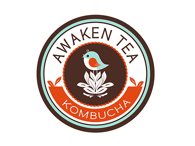 Awaken Tea Kombucha Logo badge bird emblem logo orange ragerabbit