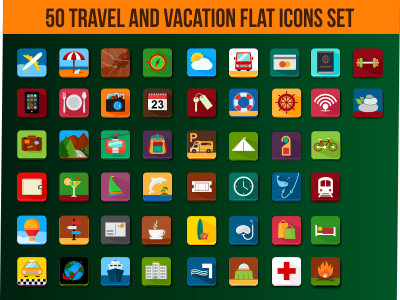 50 Travel and Vacation Flat Icons Set buttons collection emblems flat holiday icons illustration ragerabbit set summer travel vacation