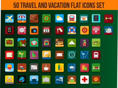 50 Travel and Vacation Flat Icons Set
