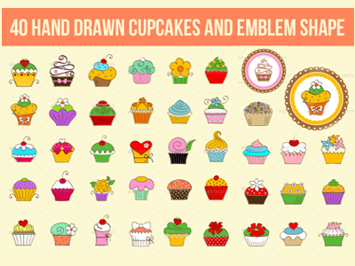 40 Hand Drawn Cupcakes and Emblem Shape badge cake colored cupcakes emblem food hand drawn icons ragerabbit set shape swet. bakery