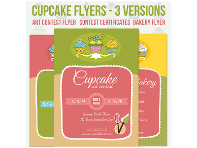 Cupcake Art Contest and Bakery Flyers bakery cake colored cupcakes emblem flyers food hand drawn icons print ragerabbit template