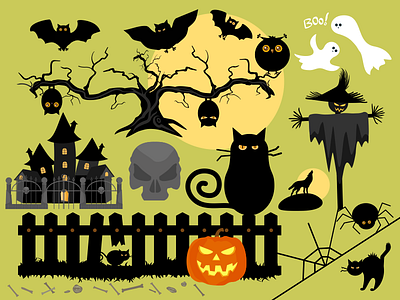 Halloween Funny Silhouettes And Creations black cartoon castle celebrate creations dark funny halloween set silhouettes skull vector