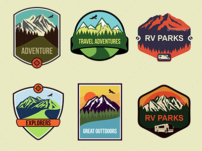 6 Travel Badges adventure badges emblems mountains ragerabbit travel vector