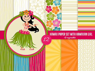 Hawaiian Digital Paper Set with Hawaiian Girl backgrounds digital paper hawaii hawaiian girl hibiskus luau ragerabbit summer