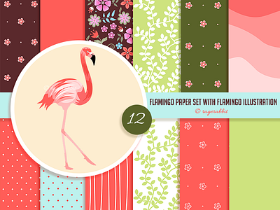 Flamingo Digital Paper Set with Flamingo Illustration bird digital paper flamingo flowers handmade illustration ragerabbit retro vintage