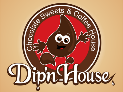 Dip'n House logo brown character chocolate coffee drop house logo red sweets white