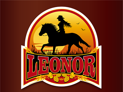 Leonor Brauerei logo beer brew emblem horse logo red riding white woman yellow