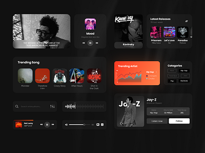 Music Components cards ui clean components concept creative dark dark theme dashboard design desktop minimal music music app singers ui ux