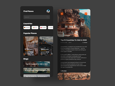 Travel app app design blog card clean concept creative dark design destinations interface minimal travel ui ux