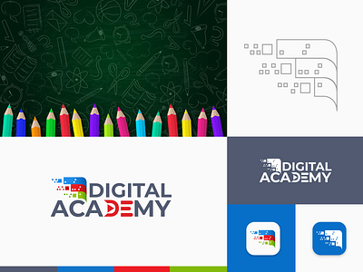 Digital Academy online learning platform- Education Logo 3d abstract branding business colorful corporate creative design graphic design identity logo logo design motion graphics vector website design