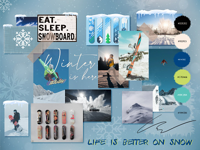 Mood board design color palette design ideas images moodboard shot snow snowboard