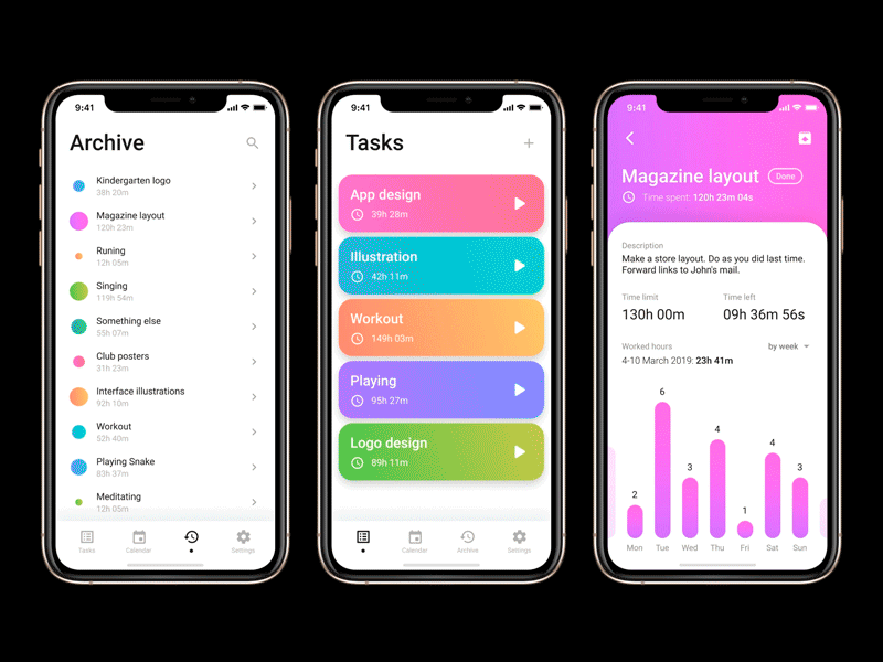 Archive screen animation animation archive colorful figma iphone 11 pro material ui mobile app mobile ui prototype time tracker tracker