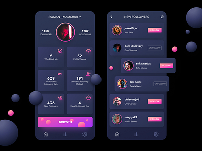 InstaTracker - mobile app app black black theme design dribbble gradient interactiondesign mobile mobile app pink product design ui ux