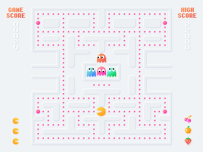 Neomorphic Pac-Man app arcade arcade game design desktop game art game design games gradient illustration inspiration neumorphic neumorphism pink product design ui ux white