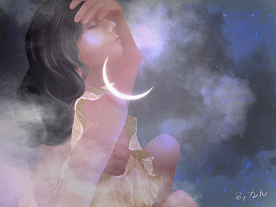 Summer night alone girl illustration moon night summer