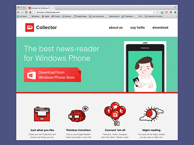 Collector app collection green icons illustration landing page reader red windows phone