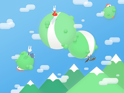 Bunnies In The Sky bunny clouds flat illustration landscape mountains pixel planets wolf