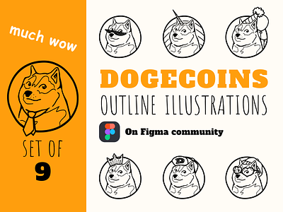 Dogecoins collection artworks assets avatars character coins cryptocurrency dog dogecoins doges figma free freebie icons illustrations outline vectorial