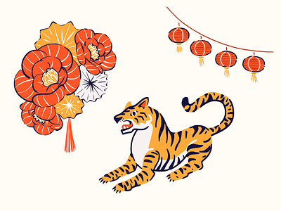 Illustration collection: Year of the tiger 2022 2d assets chinese decorations chinese new year chinese zodiac feature artwork figma community flowers free freebies graphic design illo illustration lantern lanterns tiger ui vector