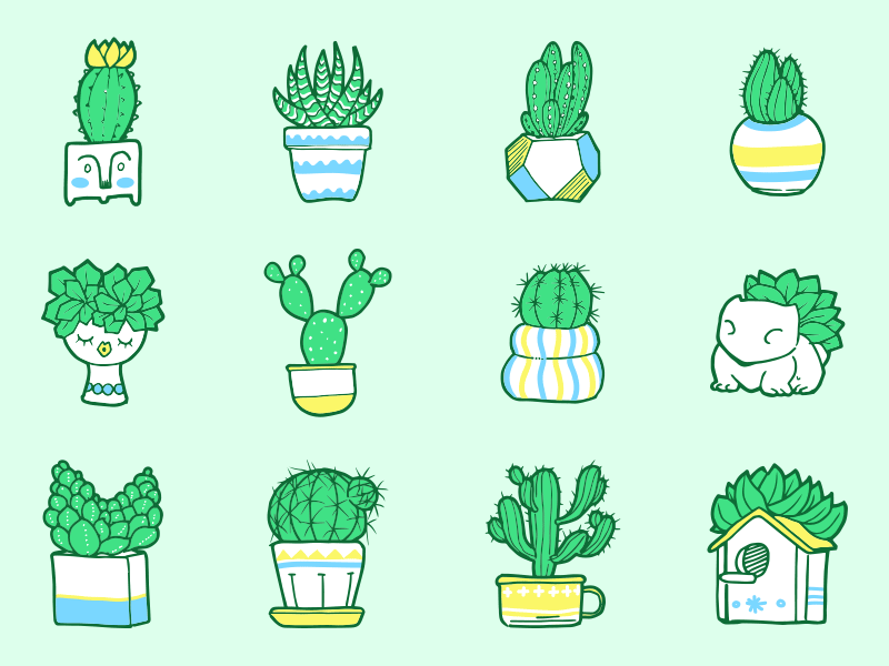 Cactus cactus face icons illustration plant set ui