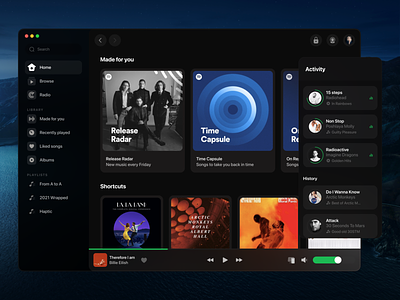 Spotify for Big Sur v.2 activityy album app apple music bug sur concept design feed icon icons macos music play player redesign spotify ui user