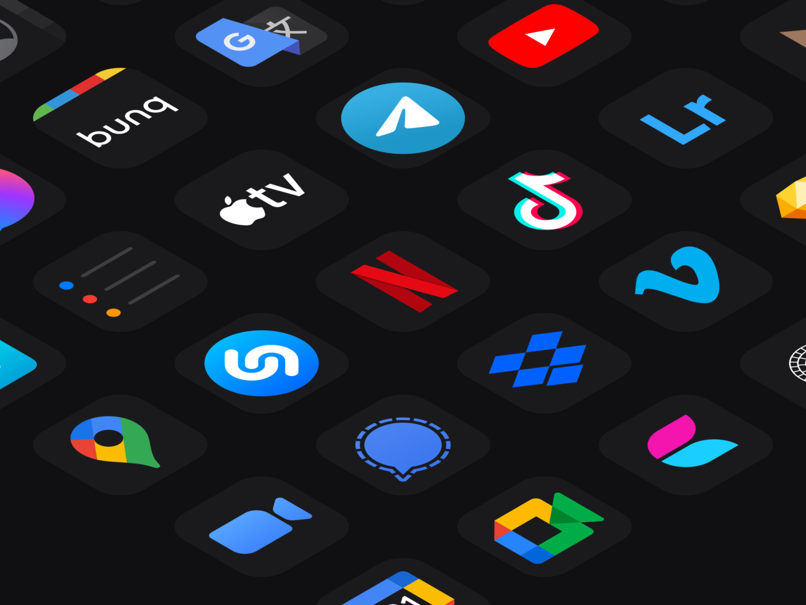 Nocturnal Theme pt.2 vimeo dropbox signal zoom lightroom tiktok shazam google maps youtube telegram tv apple reminders translate buna netflix iconset icons icon