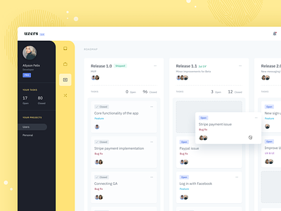 Uzers System WIP 1.1 backlog board cards dashboard drag and drop kanban planner product design sidebar team management to-do trello ui web design yellow