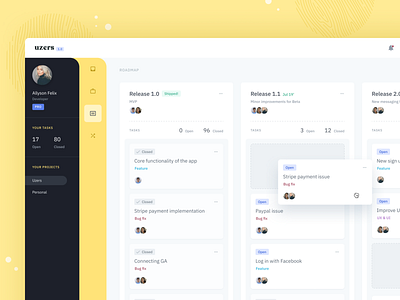 Uzers System WIP 1.1 backlog board cards dashboard drag and drop kanban planner product design sidebar team management to do trello ui web design yellow