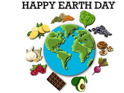 Happy Earth Day avocado beets black beans dark chocolate earth earth day garlic healthy foods lemons lentils papercut style raspberries spinach walnuts
