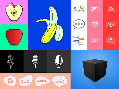 Illustrations 3d 3d box apple banana box design icon illustration mic