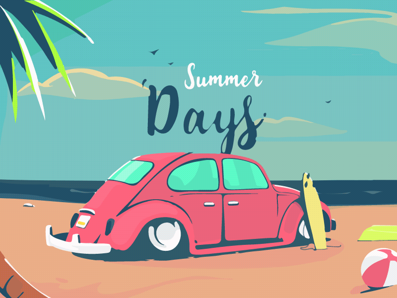 Summer Days Animation - GIF animation beach car gifs graphics illustrations motion retro sea sky surfer vector