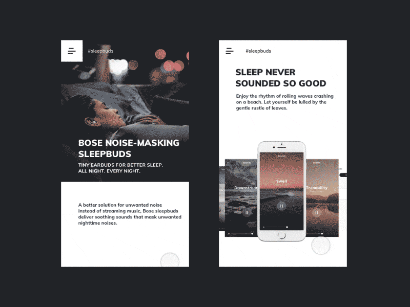 Bose Sleepbuds Website Interaction - GIF clean ui interaction design material design minimal interaction mobile parallax product page ui ui exploration user interface design ux website