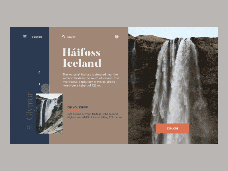 ieExplore - Destination animation clean exploration iesight interaction layout minimal mountain ui ux waterfall website