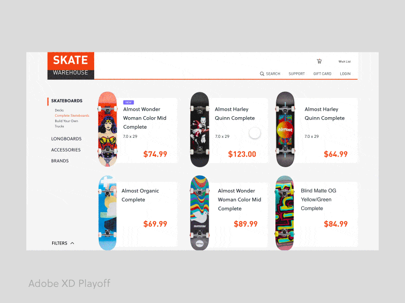 Skatewarehouse Website Interaction - XD animation clean design gif icon interaction layout madewithadobexd microinteractions minimal ui user experience design user interface design ux website